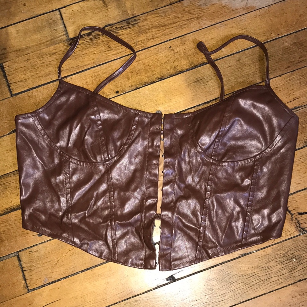 Faux Leather Bustier Crop‎ Top in Brown